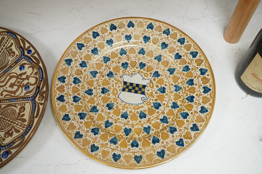 A Cantigalli maiolica lustre dish and a Hispano-Moresque style maiolica dish, 38cm in diameter. Condition - good